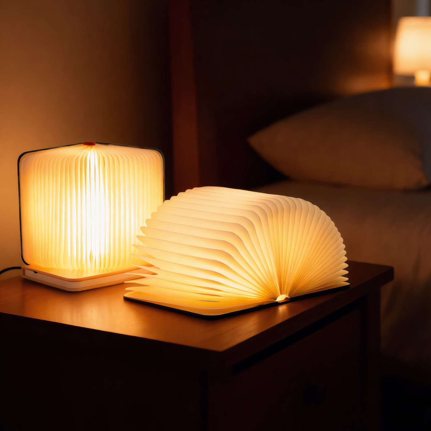 Folding Book Lamp glowing on a wooden side table in a cozy living room