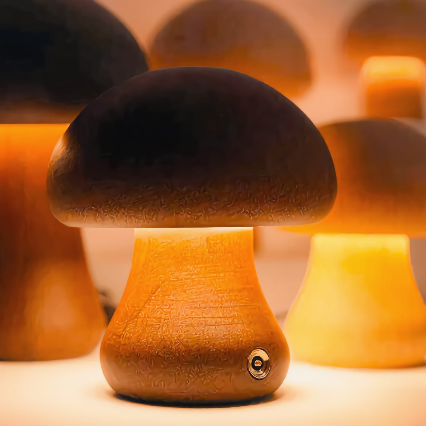 Wooden Mushroom Light close-up — glowing stem and brass touch button