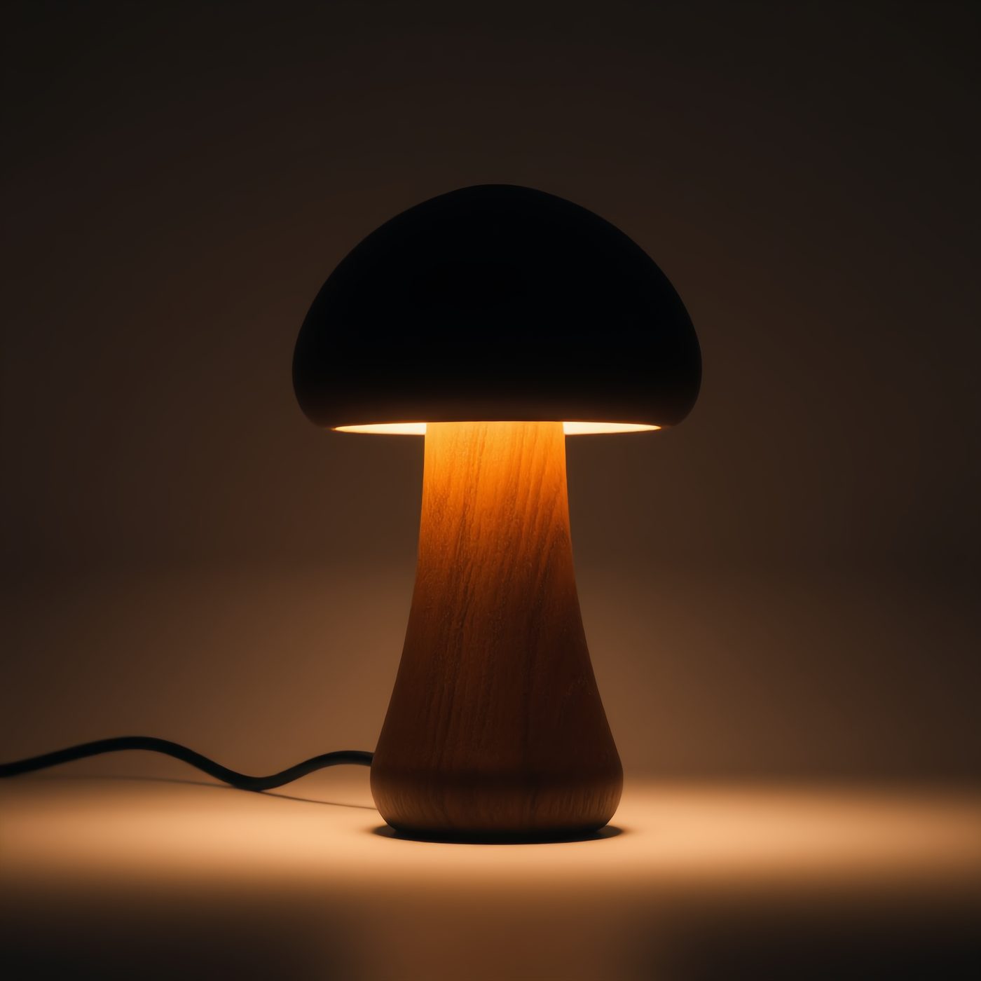 Wooden Mushroom Light glowing warmly in a dark room
