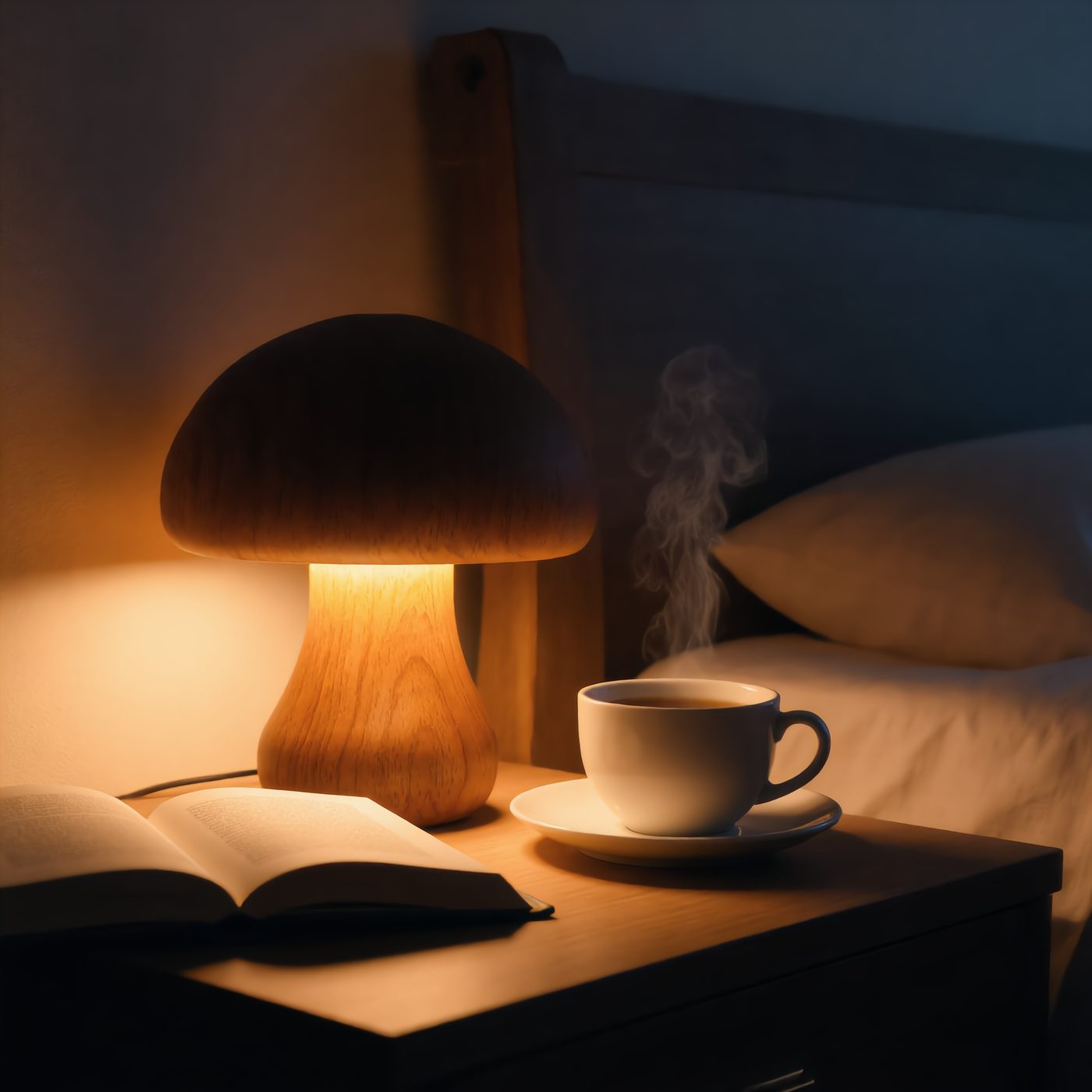 Wooden Mushroom Light glowing on a bedside table next to a book and a cup of tea